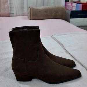 Women's Dark Brown Suede Ankle Booties with Low Block Heel